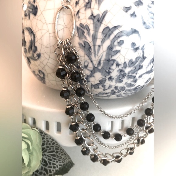 Multi Strand Silver Tone Chain and Black Bead Necklace - Picture 6 of 8
